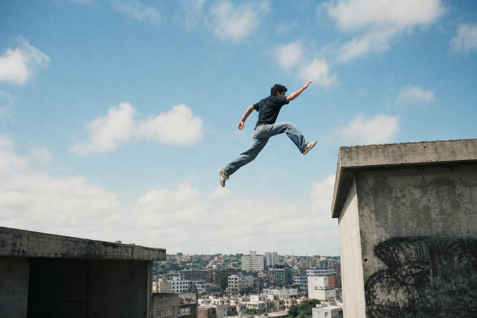 A young person leaping across a gap between two ledges against an open sky